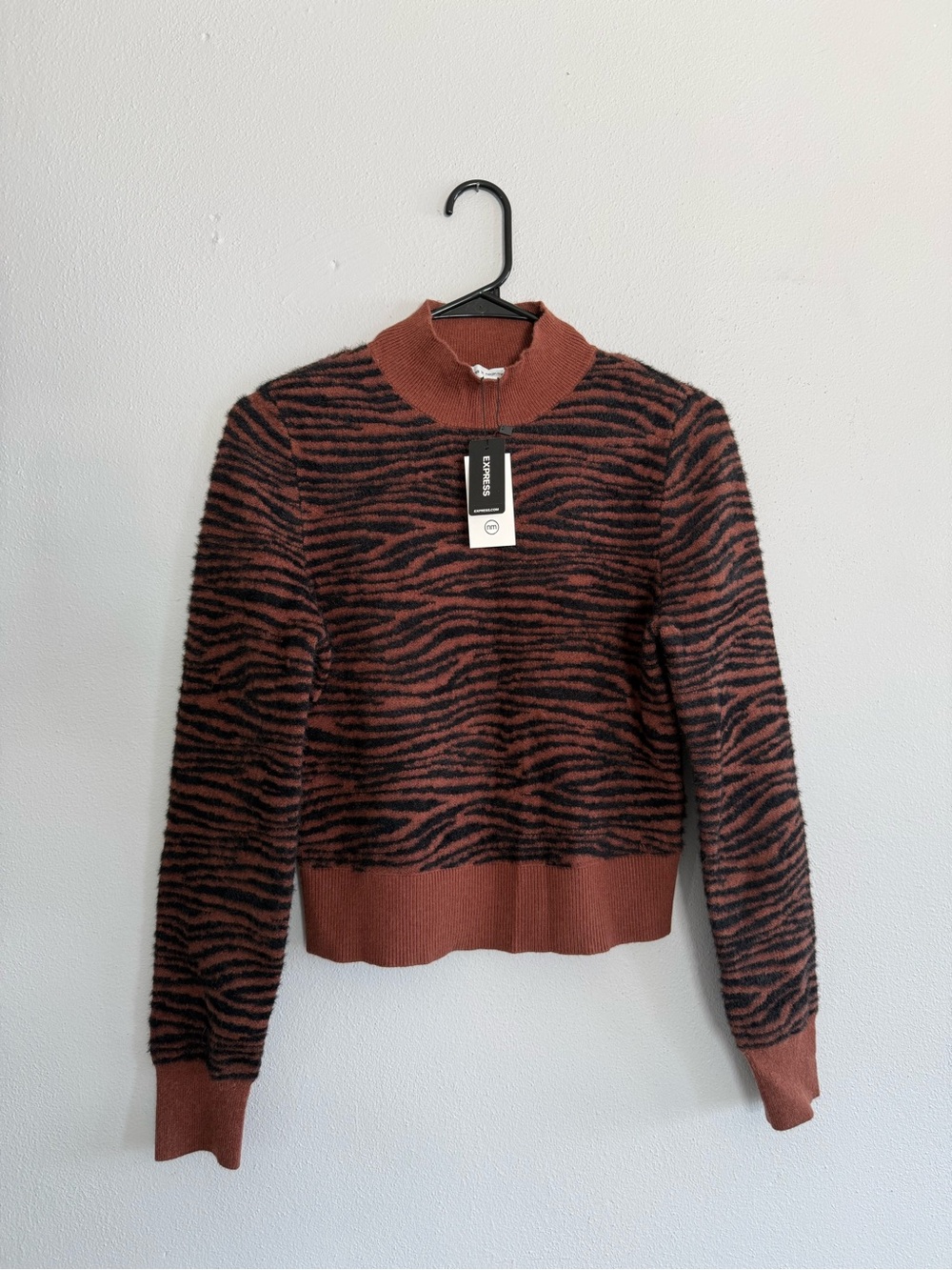 NWT Express x Negin Mirsalehi Zebra Fuzzy Mock Neck Crop Sweater S